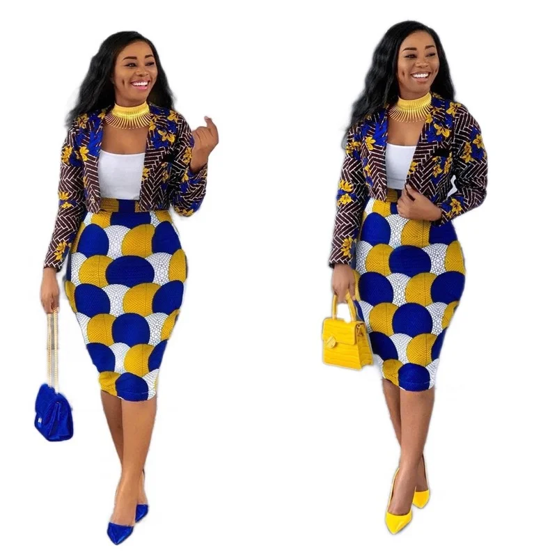 2 Piece Women Set Dashiki African Long Sleeve Two Piece Set Crop Top Suits Midi Skirt Print Casual Outfit Africa Clothing