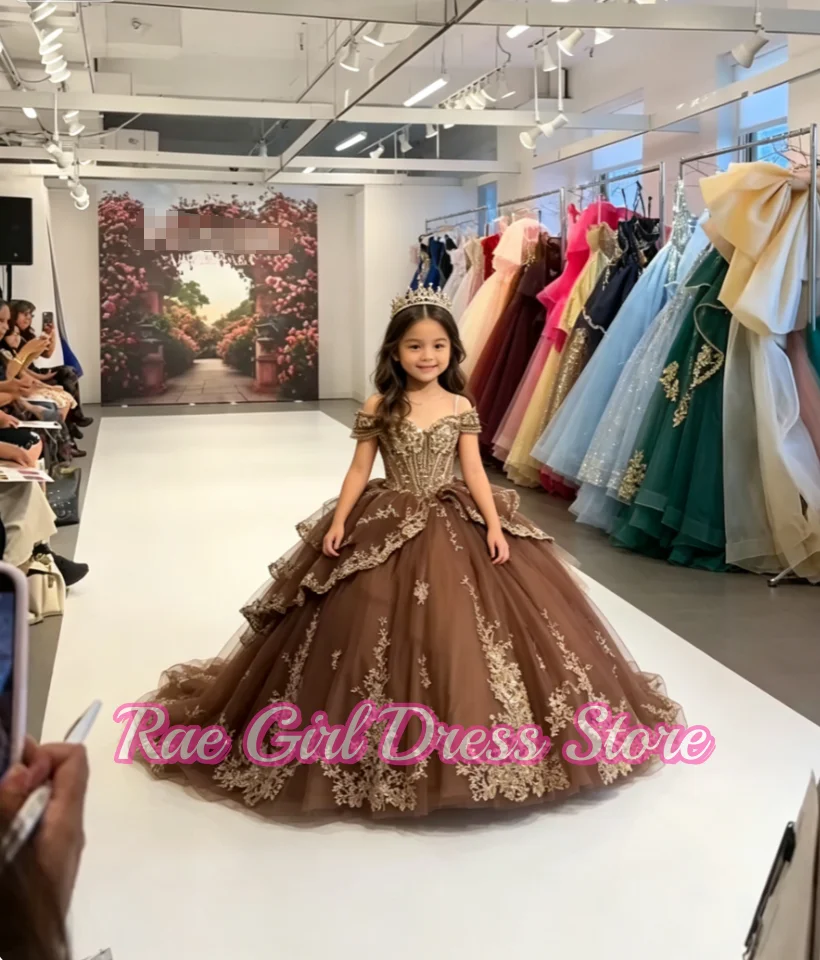 Schulterfreies, kurzärmeliges, goldbesticktes, gestuftes Tüllkleid für Blumenmädchen für Hochzeit, Geburtstag, Festzug, formelle Kleider, A-Linie