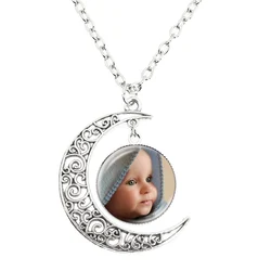 Novo personalizado personalizado lua pingente colar de vidro cabochão pingentes redondo jóias mãe pai bebê avô pais presentes personalizados