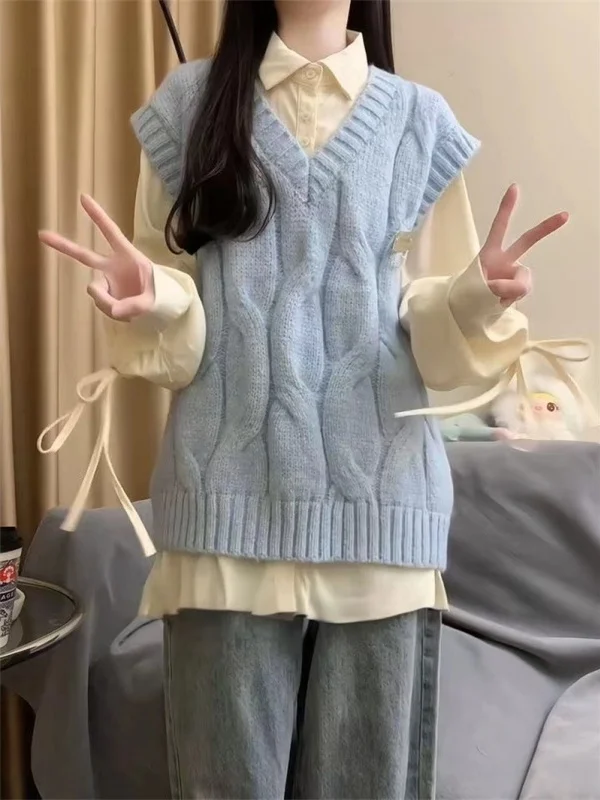 

Корейский зимний многослойный жилет irt, комплект из двух предметов, вязаный свитер для колледжа, жилет, женская верхняя одежда, зимний вязаный топ для женщин