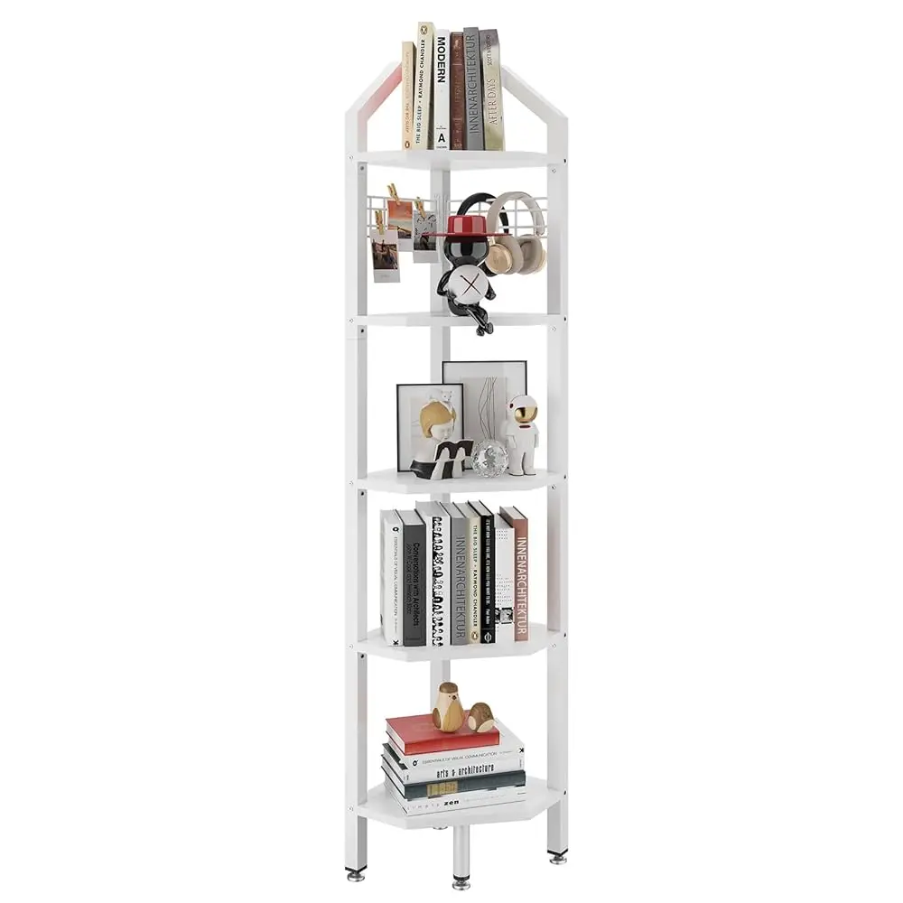 

Corner Shelf Stand, 5-Tier Wall Corner Bookcase With Metal Frame, Display Shelf With Wire Grid, S Hooks For Living Room,