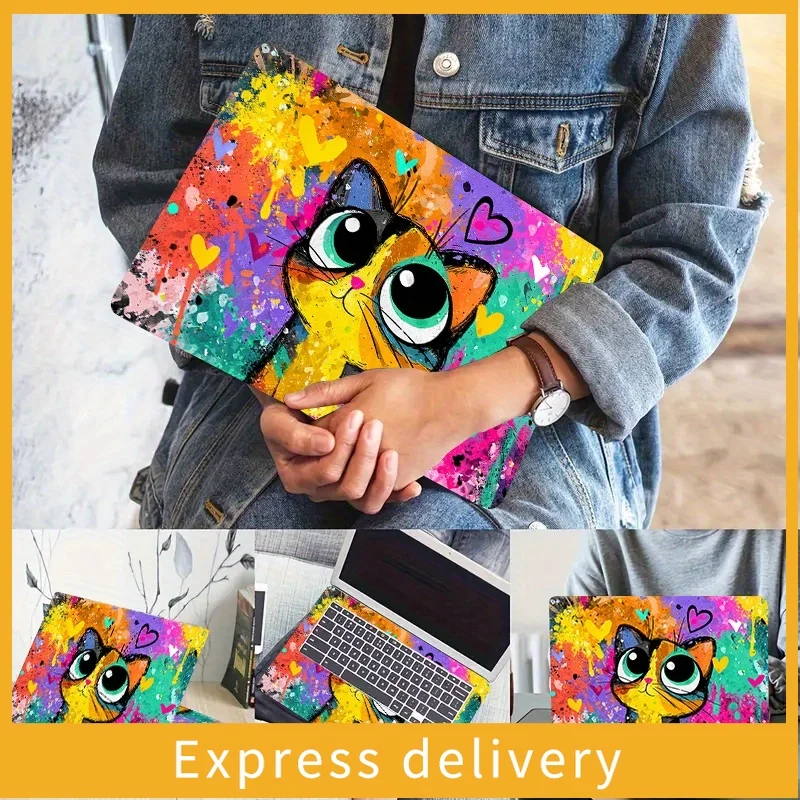 Pack of 2, Cat Pattern PVC Laptop Case Sticker with Color Background, Scratch Resistant DIY Art Case for HP Dell, Lenovo,