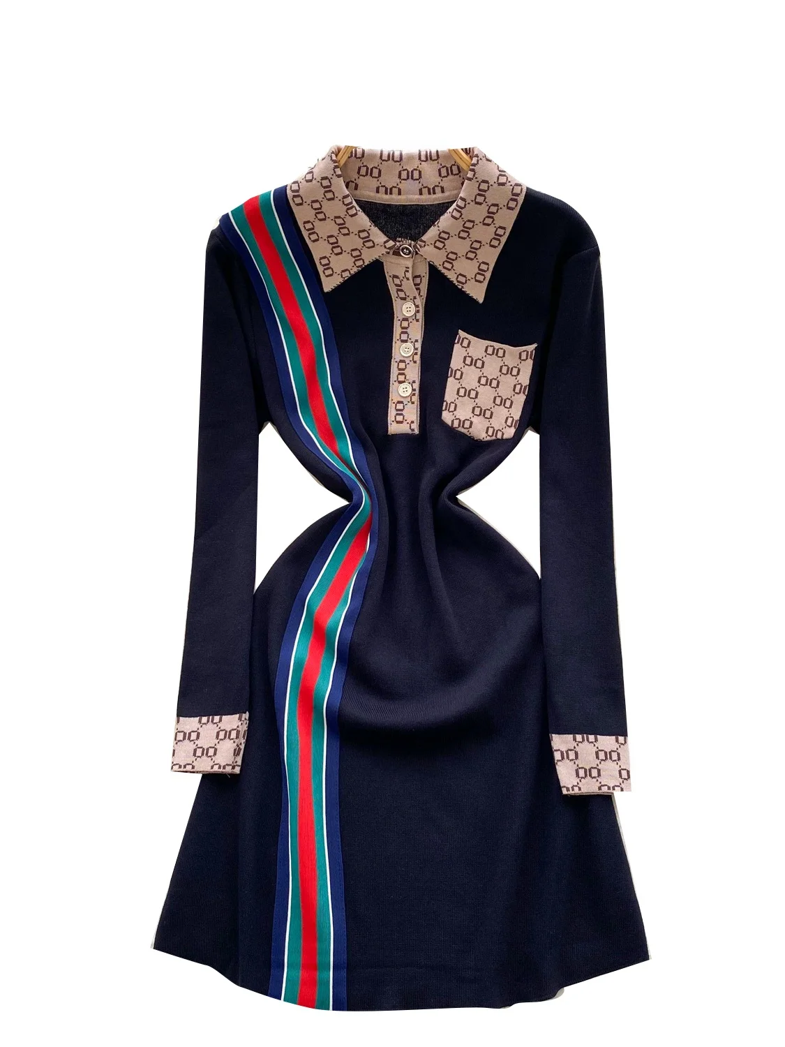 Dzianinowy kołnierzyk, długi sweter damski, wysoki stan, dopasowany krój w kształcie litery A, modny, kolorowy, idealny do pracy.