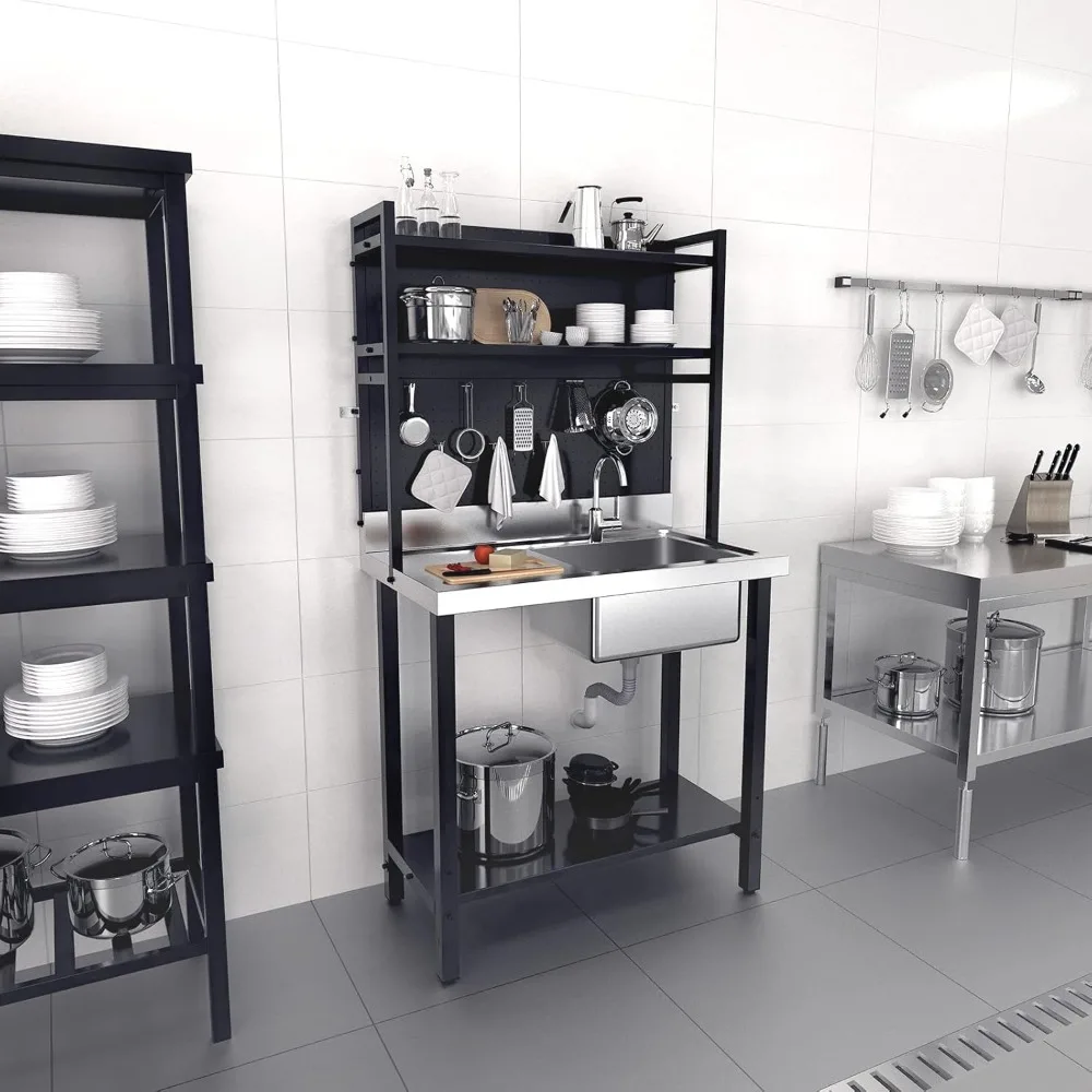

67'' Commercial Sink with Drainboard and Adjustable Shelves Pegboard for Hanging Tools, 304 Stainless Steel Table Freestanding