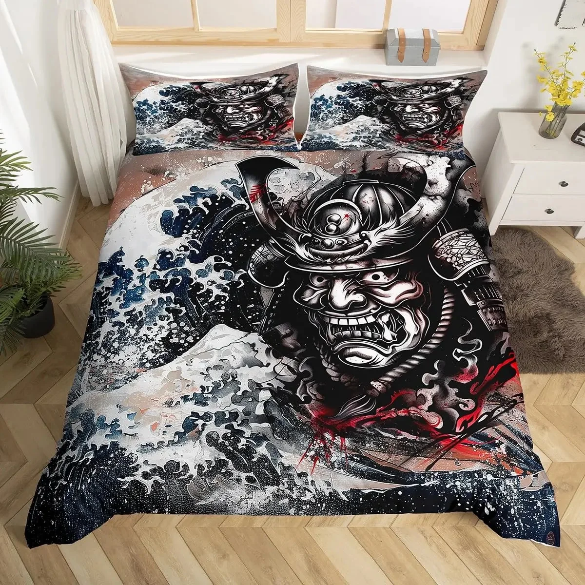 Anime Bedding Set Japanese Samurai Painting 3D Printed Duvet Cover with 1-2Pillowcases Red Sun Hokusai Fuji Mountain King Size