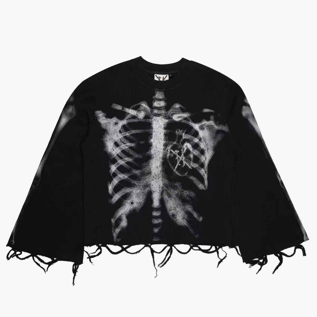 

2026 New Spring American High Street Dark Retro Abstract Pattern Waffle Long Sleeve T Shirt For Men & Women