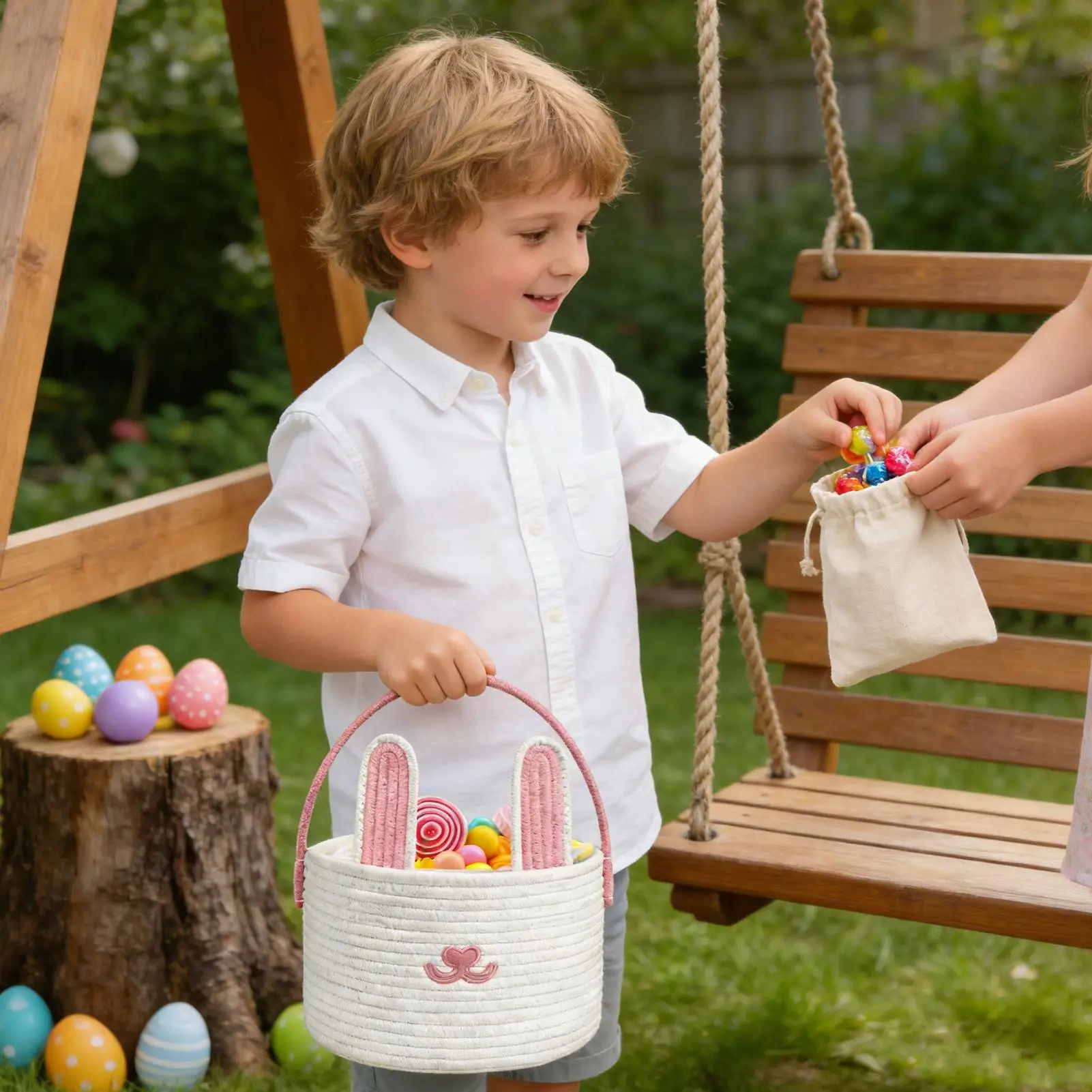 Easter Baskets Cotton Rope Egg Hunt Container Easter Bunny Baskets With Handle For Toys Snacks Party Holiday Birthday Kids Boys
