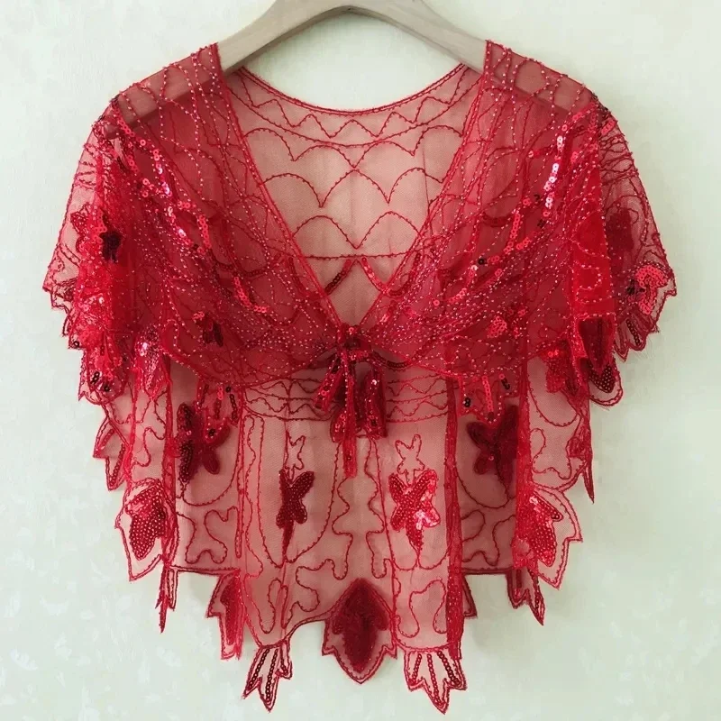 Party Sequins Women Shawl Banquet Evening Dress Cape Short Beaded Scarf Wraps Fashion Mesh Female Cardigan