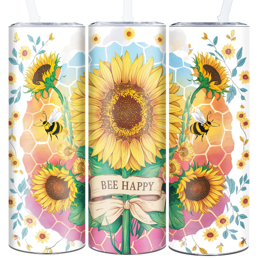 20oz Party Water Mug Straw Lid Stainless Steel Insulated Straight Bottle 3D Print Sunflower Family Festive Gift Home Decors