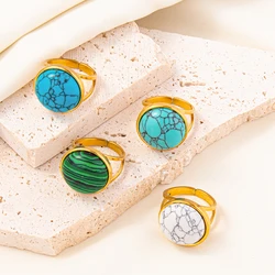 Classic Round Turquoise Stone Jewelry Simple Fashion Open Adjustable Ring No Fade Stainless Steel Rings For Women Men Anillos