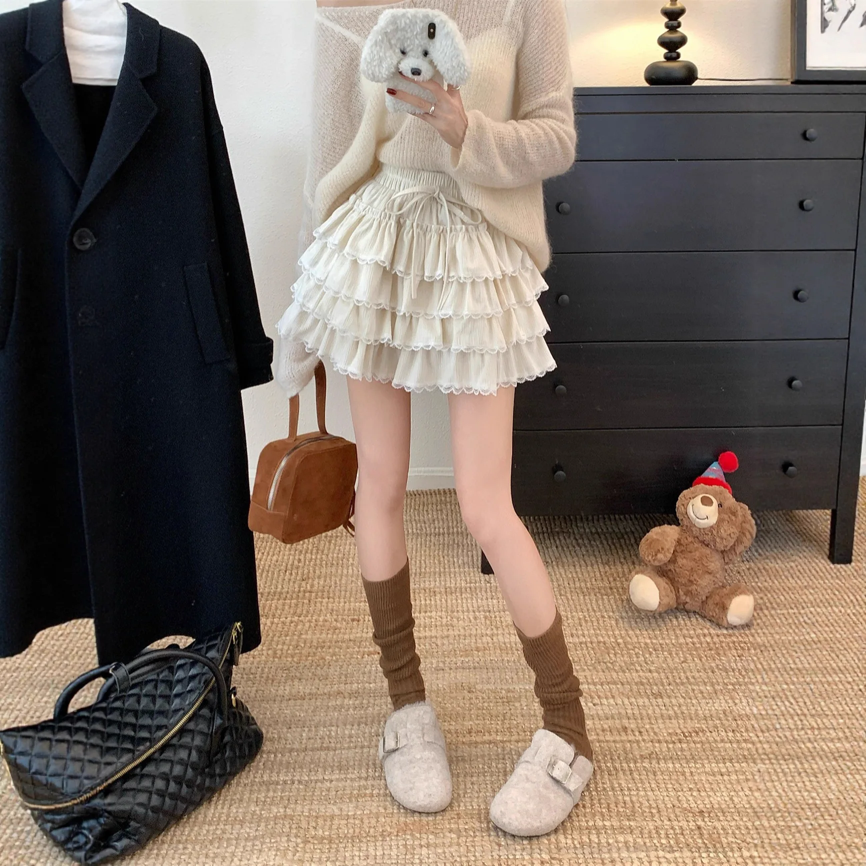 Ballet Style High Waist Lace Trim Half Skirt Women Loose Slimming Short Cake Skirt Elegant Commute Pure Color Polyester Fiber