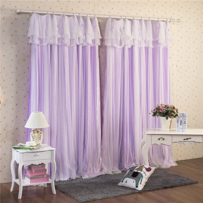 Korean Style Pink Solid Color Curtains for Bedroom,Two Layers Semi Sheer Voile Lace Trim,Princess Purple Roman Blinds for Window
