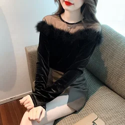 Top Female Splicing Fur Collar Coquette Clothes Black Sexy Off Shoulder Women's Long Sleeve T-shirt Korean Fashion Clothing Sale