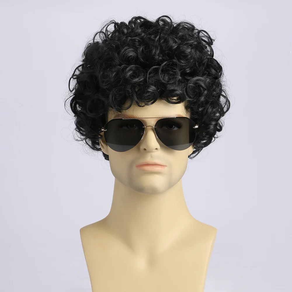 Synthetic Short Curly Wig Black Fake Hair Daily Party Cosplay Wigs for Man High Temperature Fiber