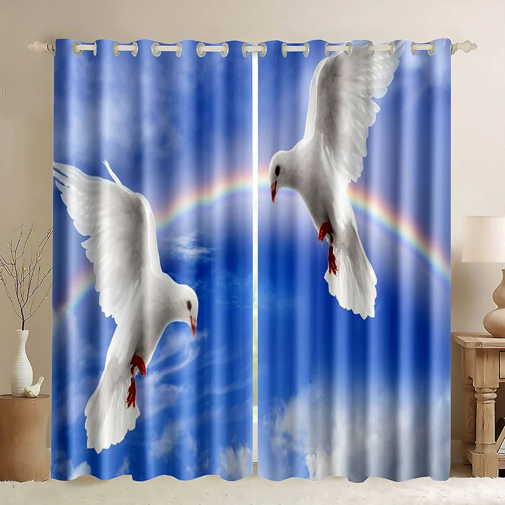 Peace Sign Window Curtains,Peace Sign Reflection Abstract Art Background With Wings,Peace Symbol White Dove Blackout Curtains