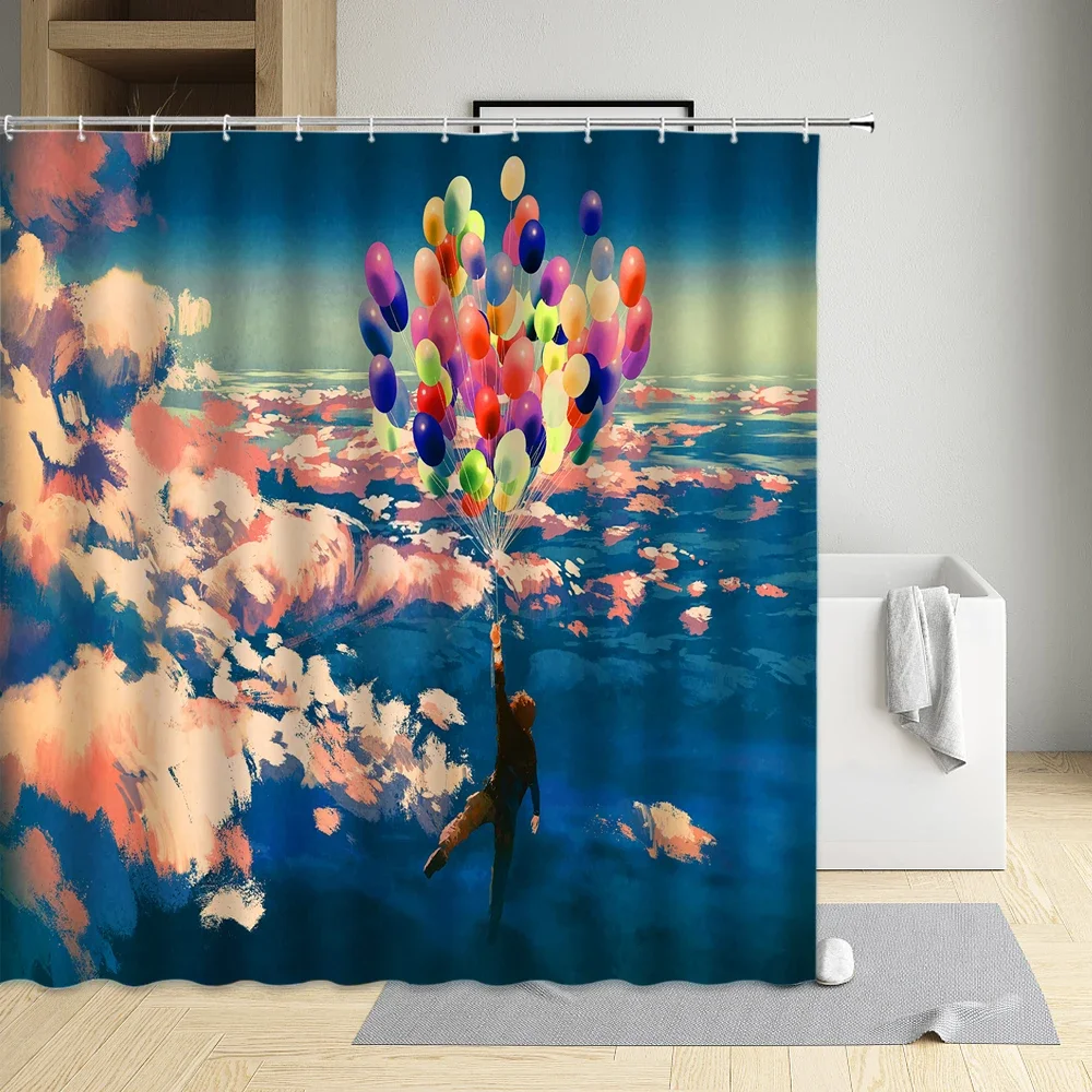 Cartoon Balloon Girl Print Modern Fabric Polyester Waterproof Cloth Shower Curtain Bathroom Bathtub Decoration Screen with Hooks