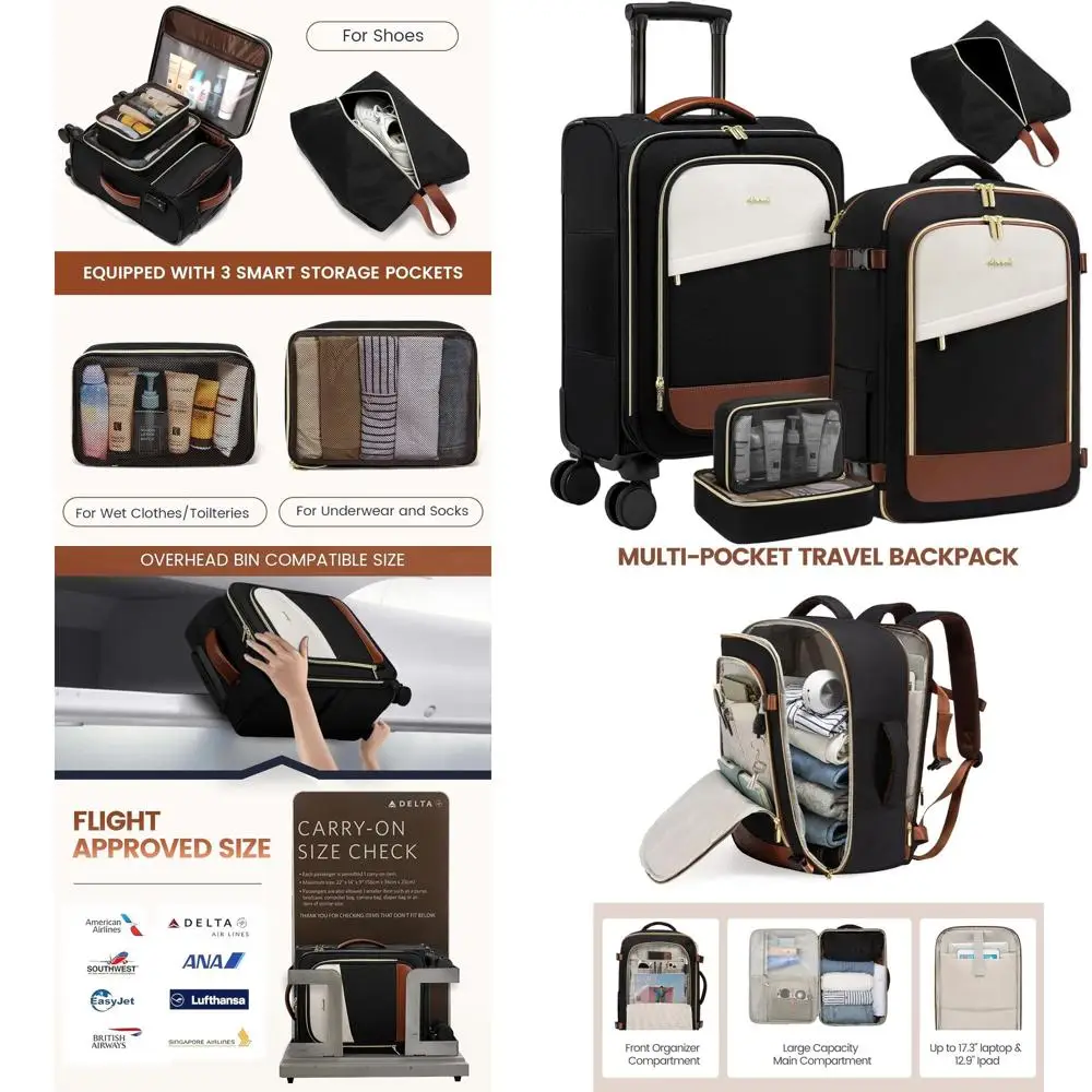 مجموعة أمتعة مكونة من 5 قطع: حقيبة ظهر متدحرجة سعة 22 40 لترًا، حقيبة سفر معتمدة من 20 TSA مع عجلات للسفر