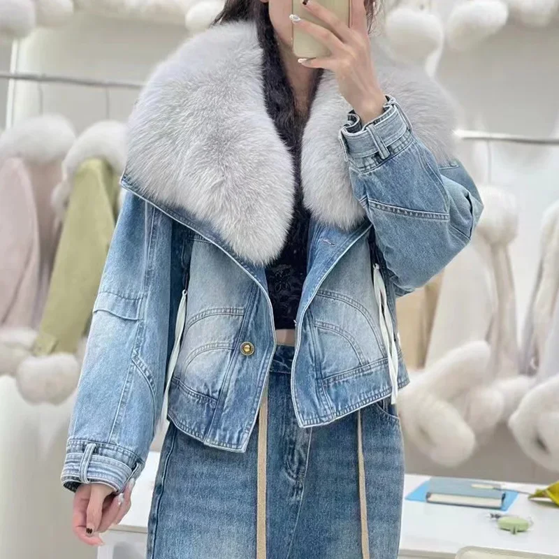 Factory Wholesale Short Denim Fox Fur Jacket Winter Goose Down Coat with Fur Collar