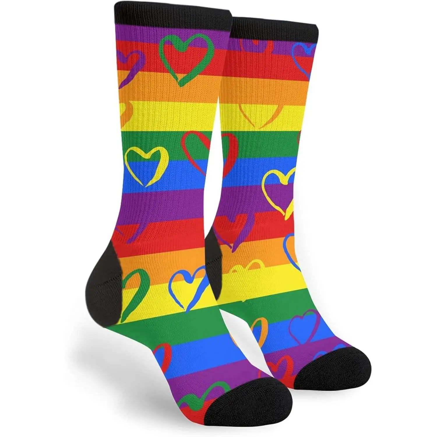 

Rainbow Pride Heart Striped Crew Socks LGBTQ Love Heart Casual Socks for Men Women Novelty And Interesting Socks For Men Women