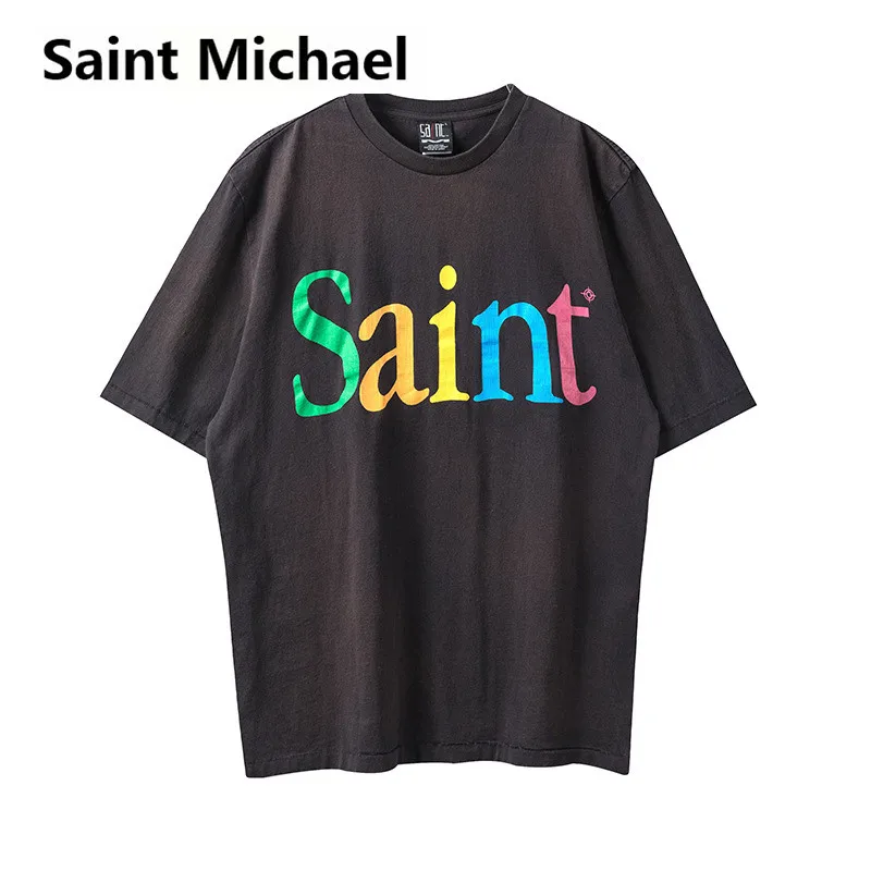 

Saint Michael High Quality Summer New Collection Retro distressed Graffiti Painted Cracked Letter Printed T-shirt Short Sleeve