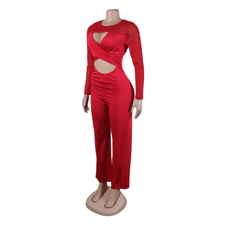 European and American sexy patchwork women's jumpsuit, hollow out elastic wide leg jumpsuit, red jumpsuit