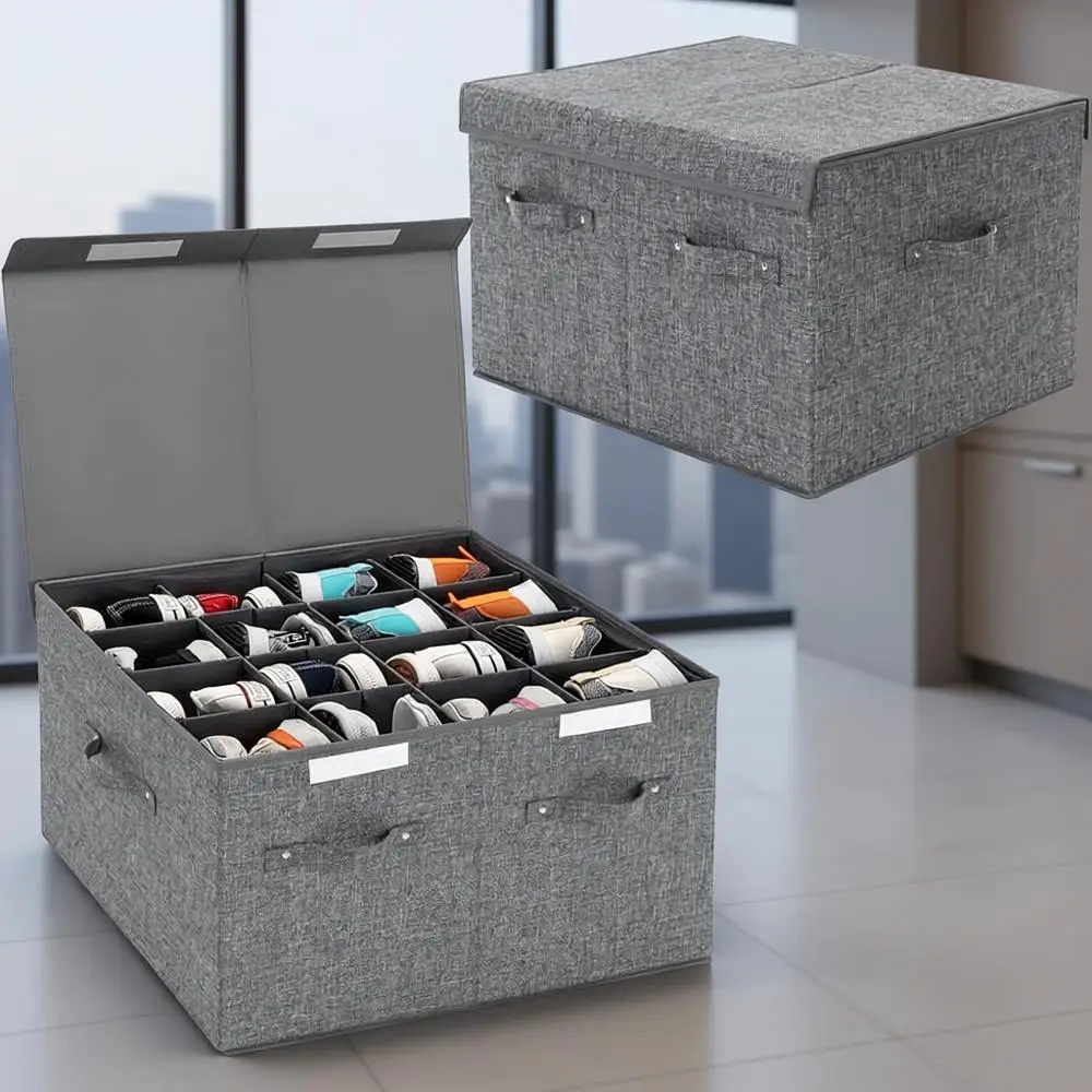 

2-Pack Large Shoe Organizer with Lid, Adjustable Dividers, Stackable for 32 Pairs - Grey