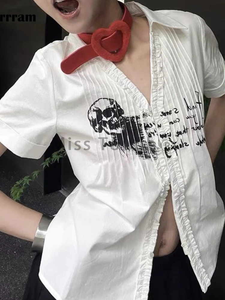 Karrram Y2k Aesthetics Pleated Shirt Grunge Gothic Skull Print White Shirts Trashy 2000s Style V-neck Blouses Japanese Harajuku