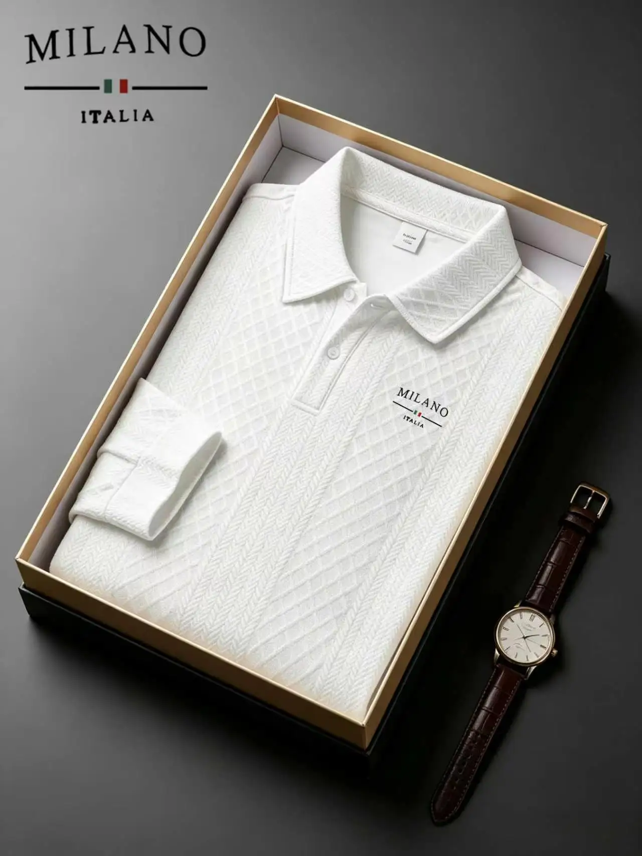 Mens Milano Italia Jacquard Textured Long Sleeve Polo Shirt Casual Business Golf Pullover Top for Men