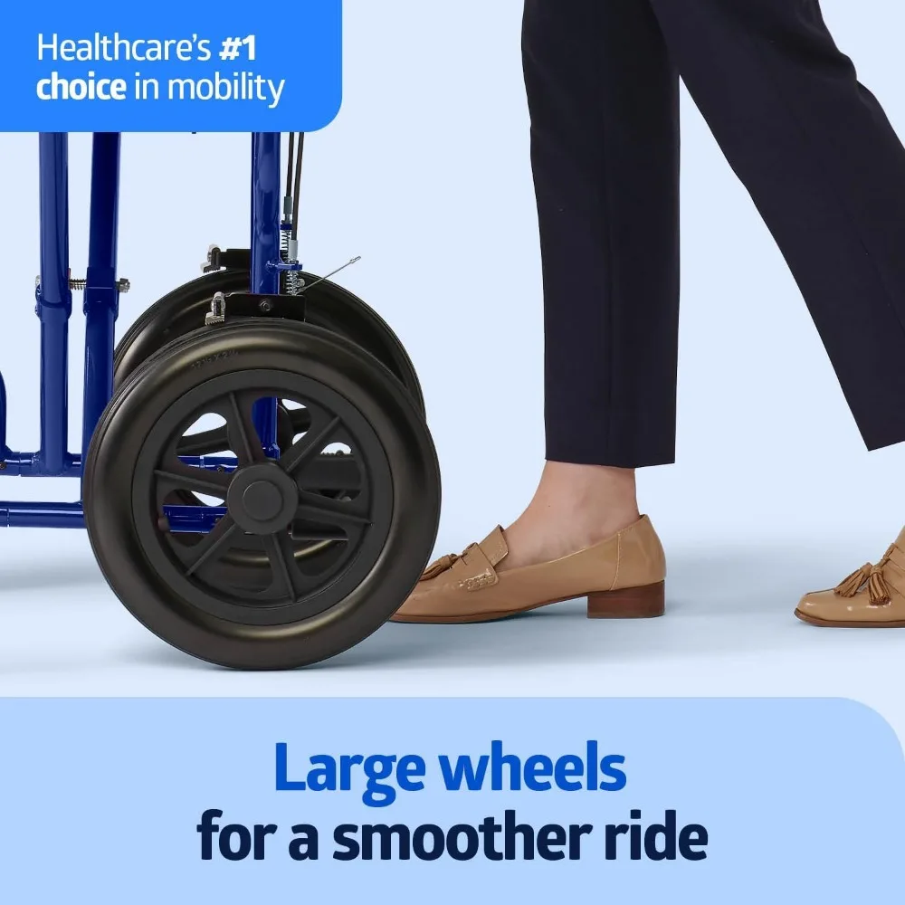 Kursi Roda Transportasi Lipat Ringan dengan Rem Tangan dan Roda 12 Inci, Rangka Biru, Pelapis Hitam