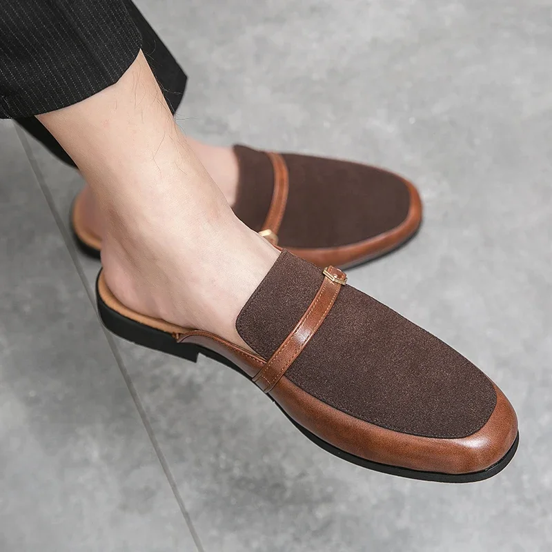 Luxury Brand Half Shoes 38-48 Men Suede Leather Brown Blue Flat Mules Black Casual Shoes Mens Fashion Mocassin Homme Chaussure