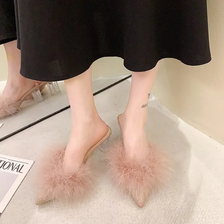 Female Shoes Ladies' Slippers Pointed Toe Women Heels Fur Flip Flops 2025 Soft High Cover Plush Casual Slides Pumps Leisure