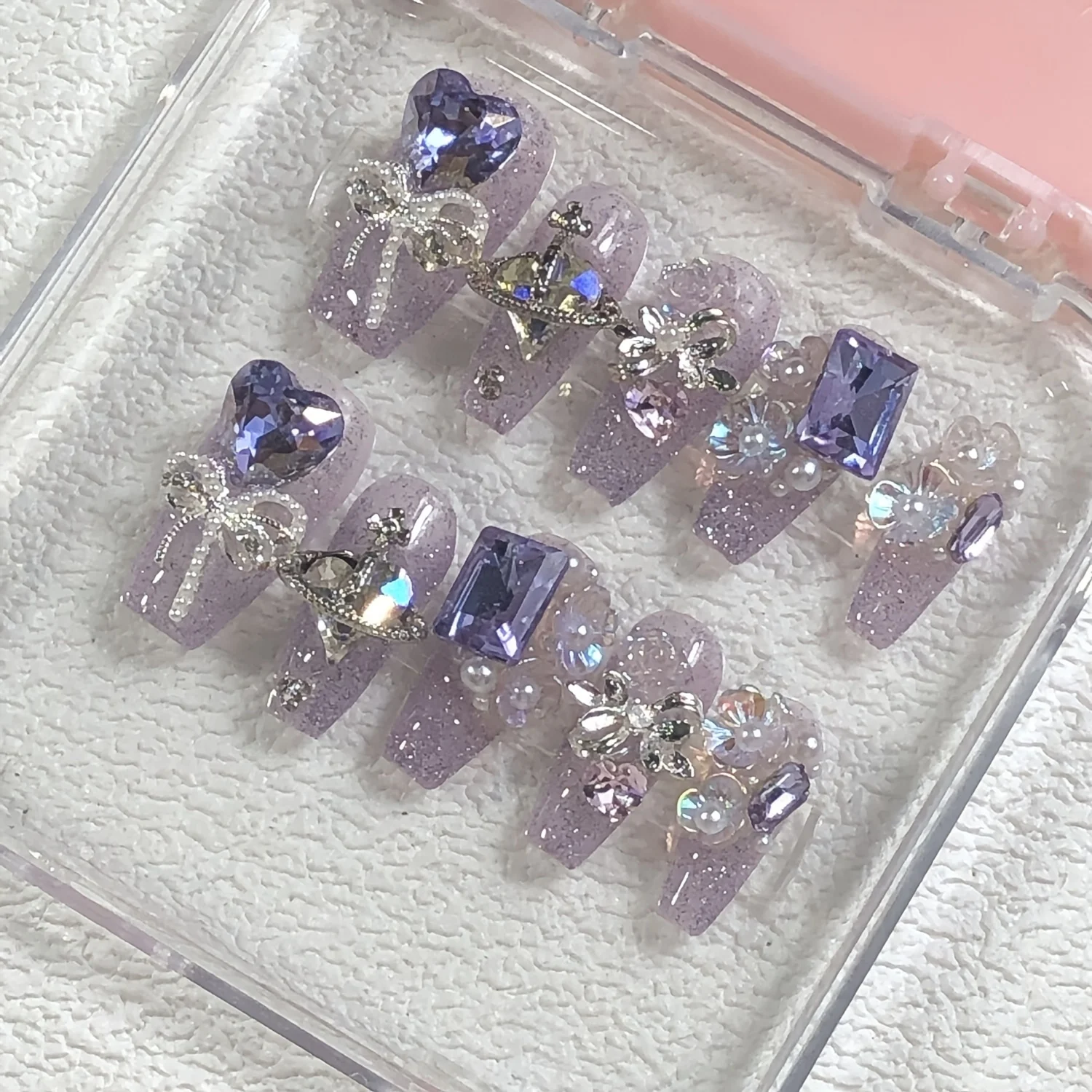 10pcs High-end Flash Aurora purple heart set with diamonds handmade fake nails, The new pure handmade nail patch wear light luxu
