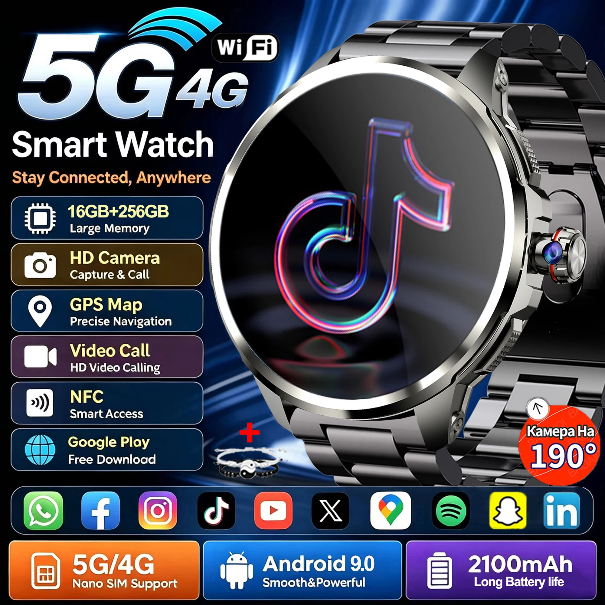 4G Full Network Smart Watch 720*720 AMOLED Screen 800W HD Video Call Sports Watch 16GB+256GB RAM WIFI GPS Google Play Smartwatch