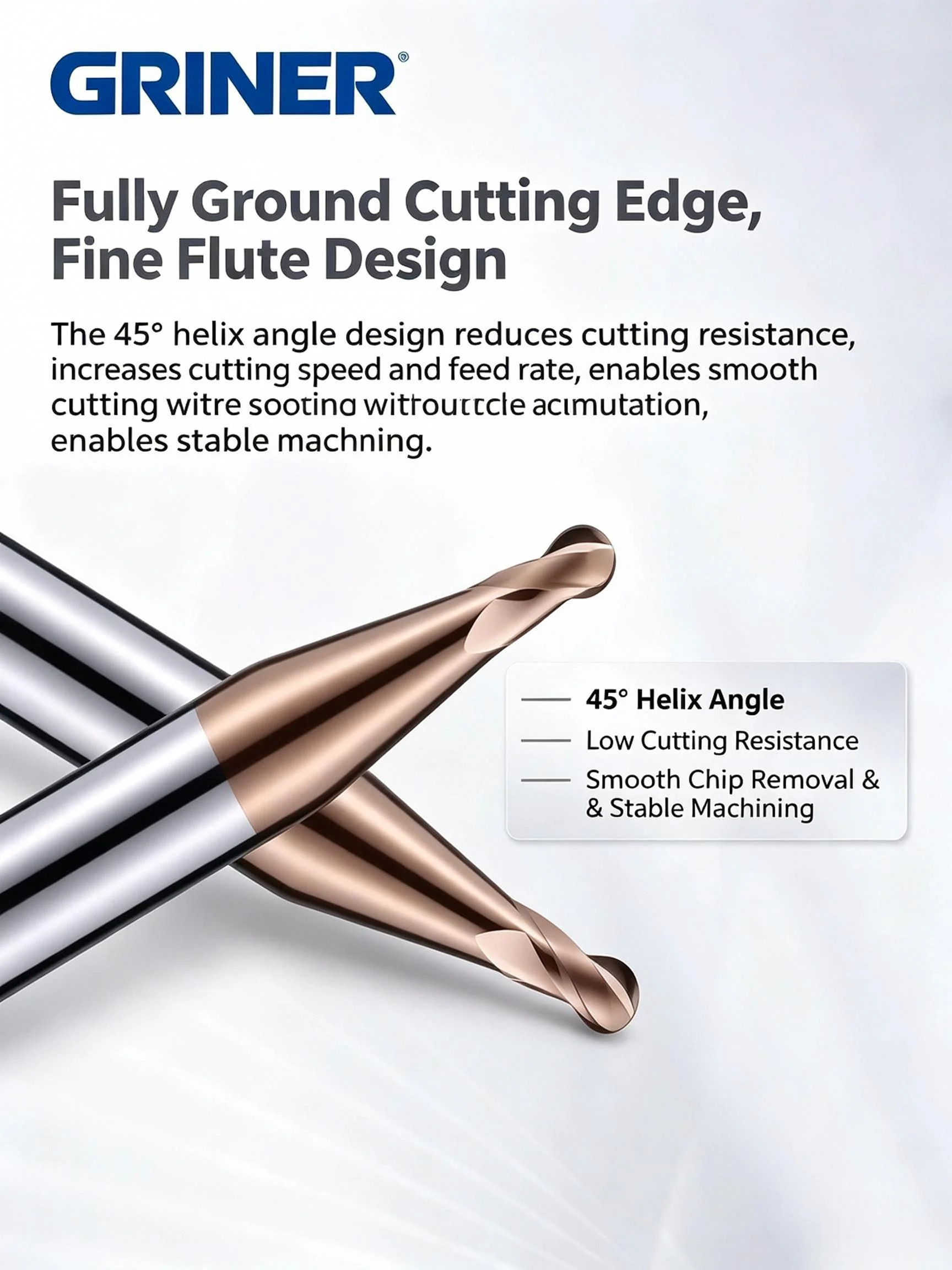 GRINER 60° 2 Flute Decimal Radius Carbide Ball Nose End Mill R0.55/R0.65/R0.85/R0.95/R1.05/R1.15 Steel CNC Cutting Tools
