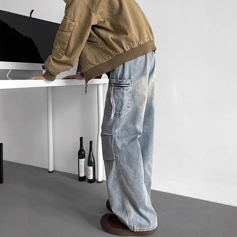الكورية شارع العليا الرجعية مطوي الجينز الرجال الجينز عارضة فضفاض عالية الخصر الجينز عمال السراويل #5