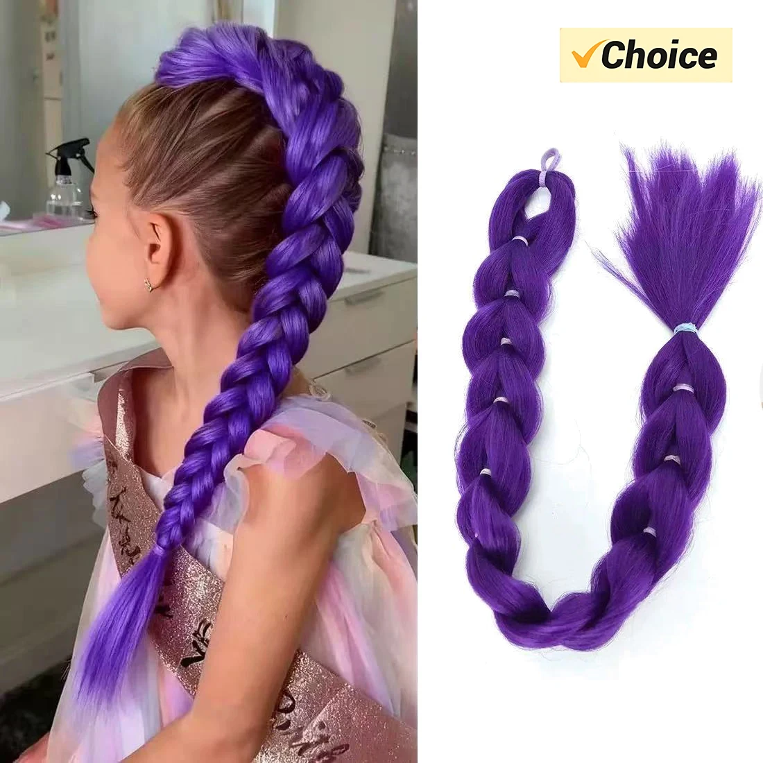 26 inch Purple Braids Ponytail Rubber Band Pre Braiding Hair Synthetic Purple Hair Extensions for Halloween Costume Cosplay