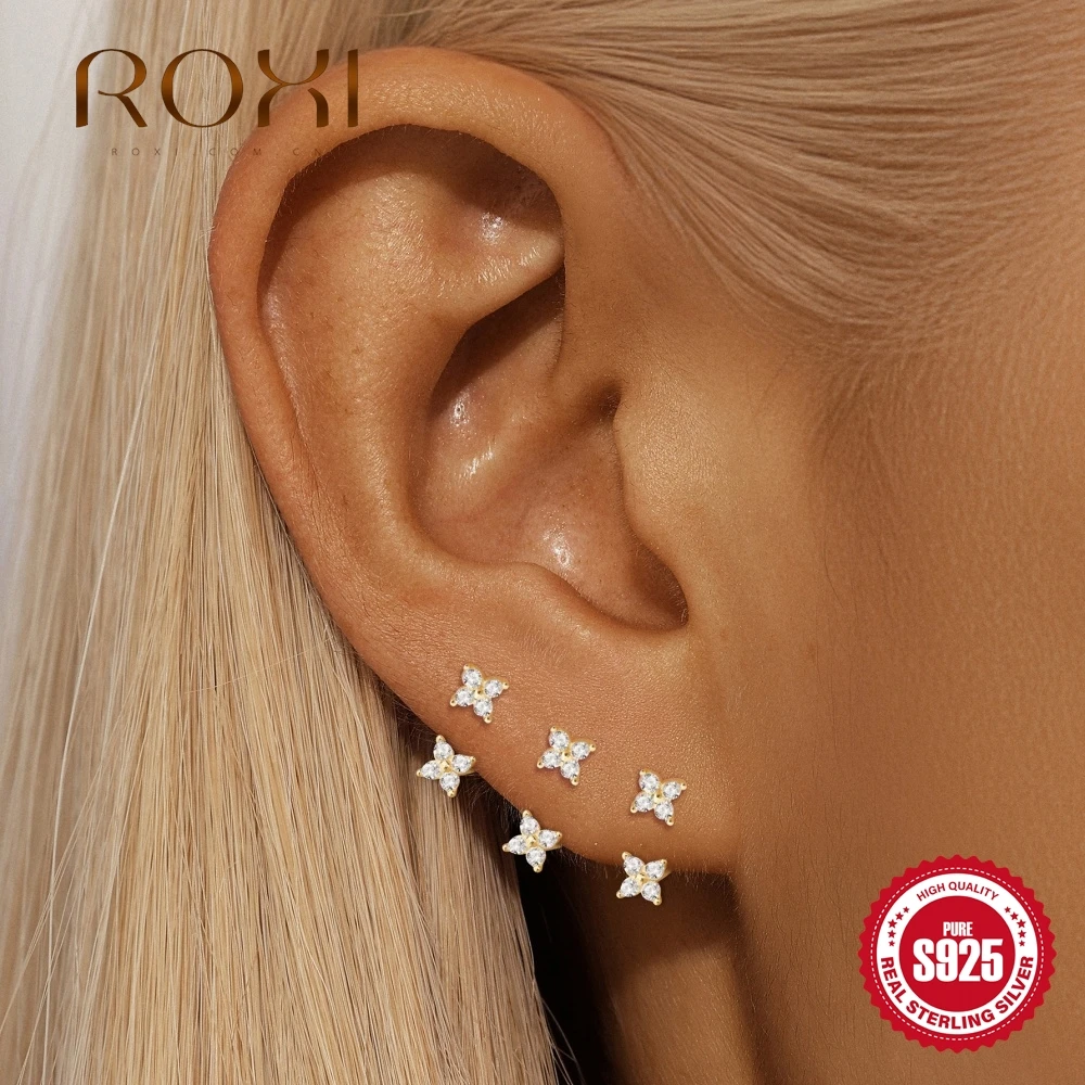 ROXI 1PC S925 Silver Mini Multi CZ Cartilage Stud Heart Star Square Tragus Piercing Simple Earring Daily Occasion Wear