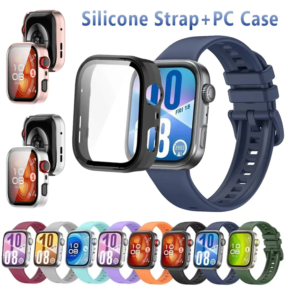 Silikonarmband + PC-Gehäuse für Huawei Watch Fit 3/4 HD, klares gehärtetes Glas, bunte Schnalle, Sportarmband, Huawei Watch Fit 4 Pro