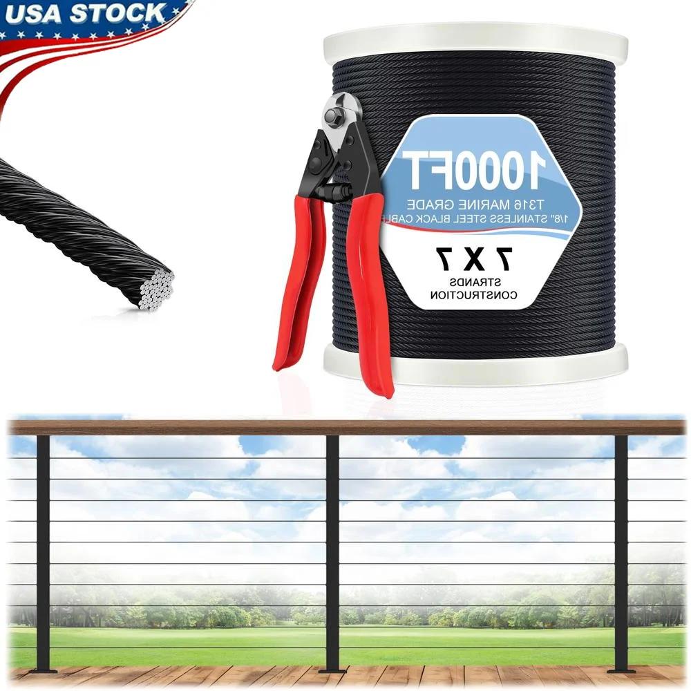 1000FT Black Stainless Steel Cable 1/8