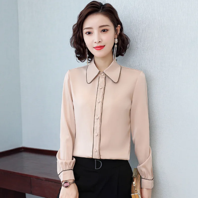 

Elegant Pink Blouse Fall Spring Satin Chiffon Contrast Patchwork Collared Button Up Office Formal Vintage Shirts Top Women 2024