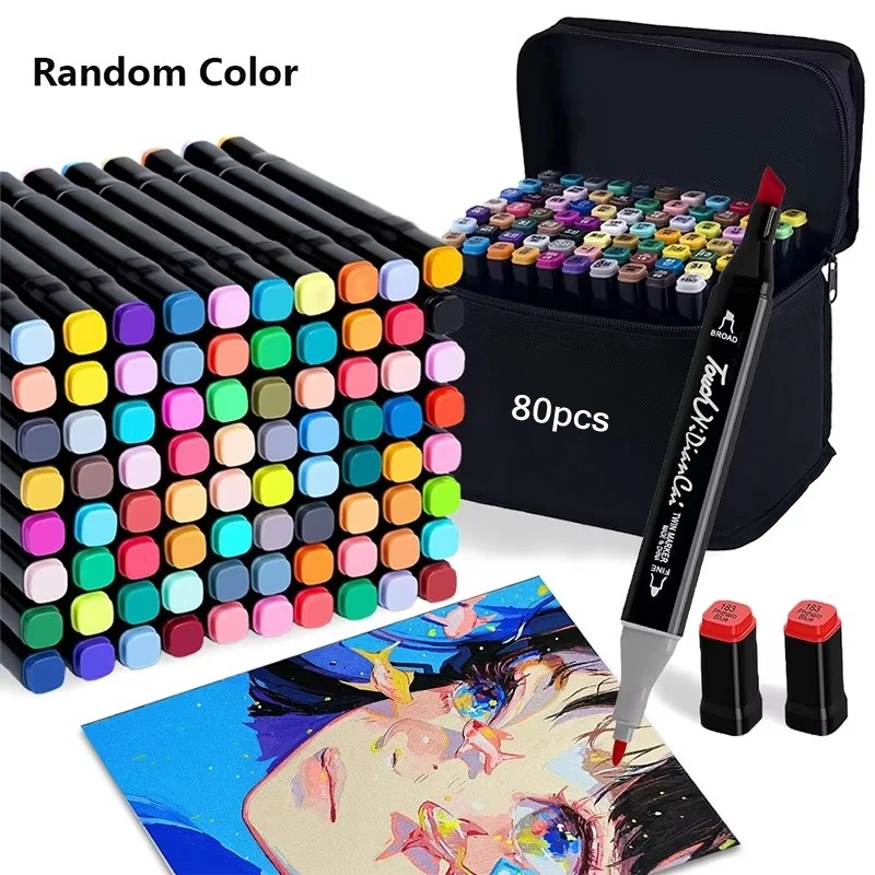 Alcohol Markers Set 80 Colors Alcohol Based Dual Tip Broad and Brush Tip for Adult Coloring Books Drawing Sketching