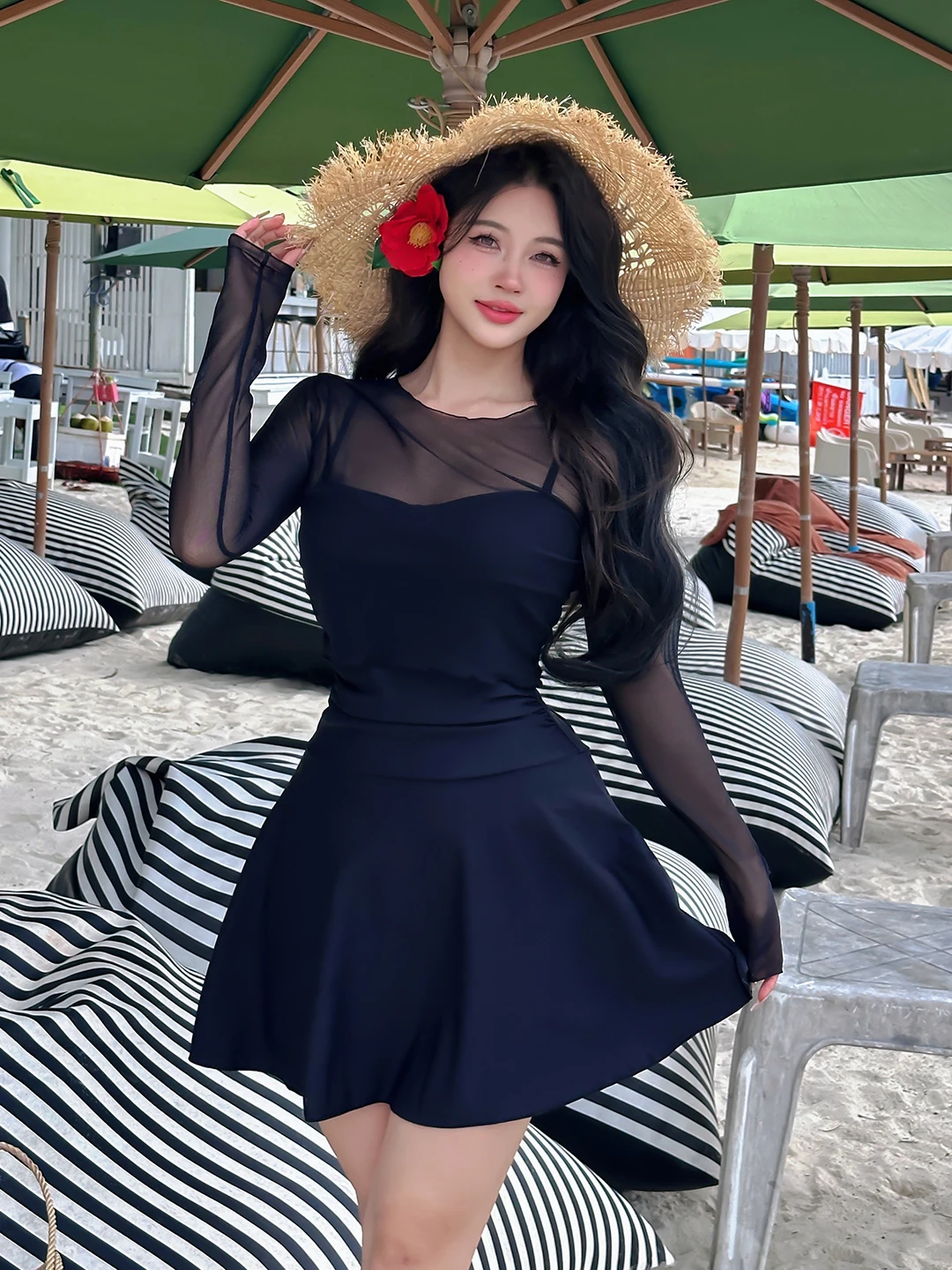 Sexy See-tough Lace One-piece Swimsuit Women's Skirt Sle Gathered Bust Size plus Size Slimming Large Size Swimwear