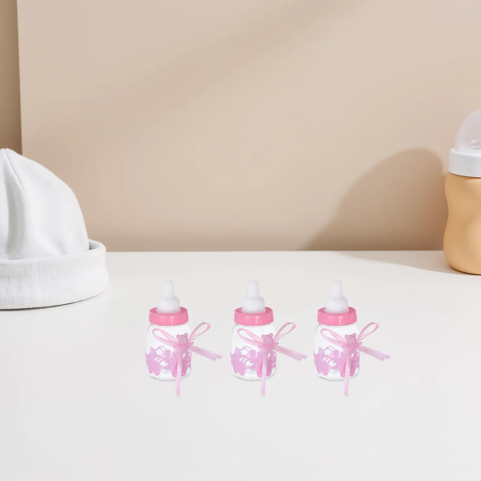 

12 Pcs Shower Gift Candy Box Ribbon Feeding Bottle Party Decorations Pink Plastic Baby