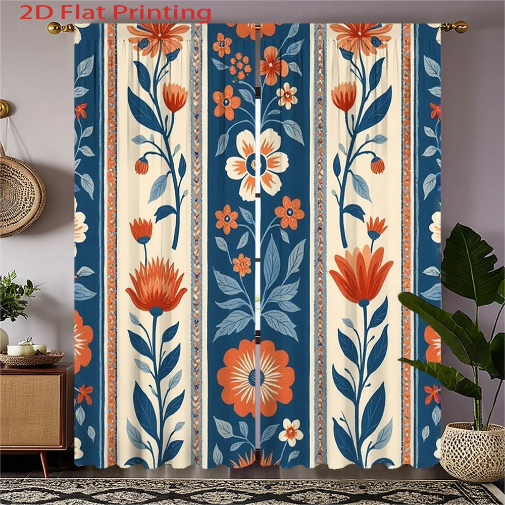 2D Flat, 2pcs Blue Floral Print Curtains with Orange Red Flowers & Green Leaves - Semi-Sheer Textured Fabric, Navy Blue Backgrou