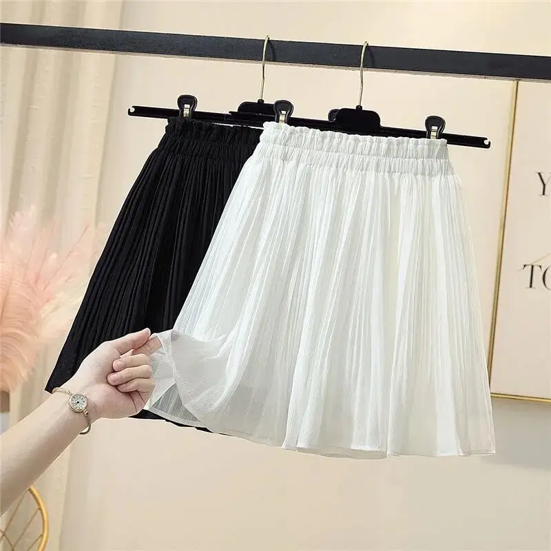 Rok setengah sifon warna polos edisi Korea baru Musim Panas 2024 segar kecil pinggang tinggi ramping 100 rok celana anti-berkilau