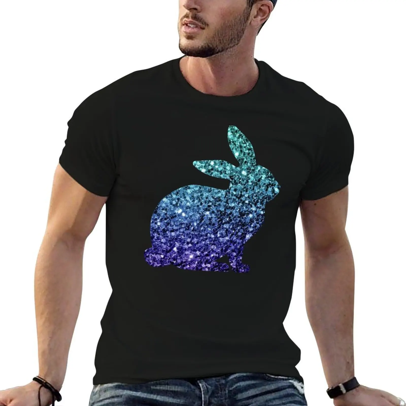 

Teal and Blue Ombre Faux Glitter Easter Bunny T-Shirt t shirts for man graphic cars anime tshirt T-Shirt