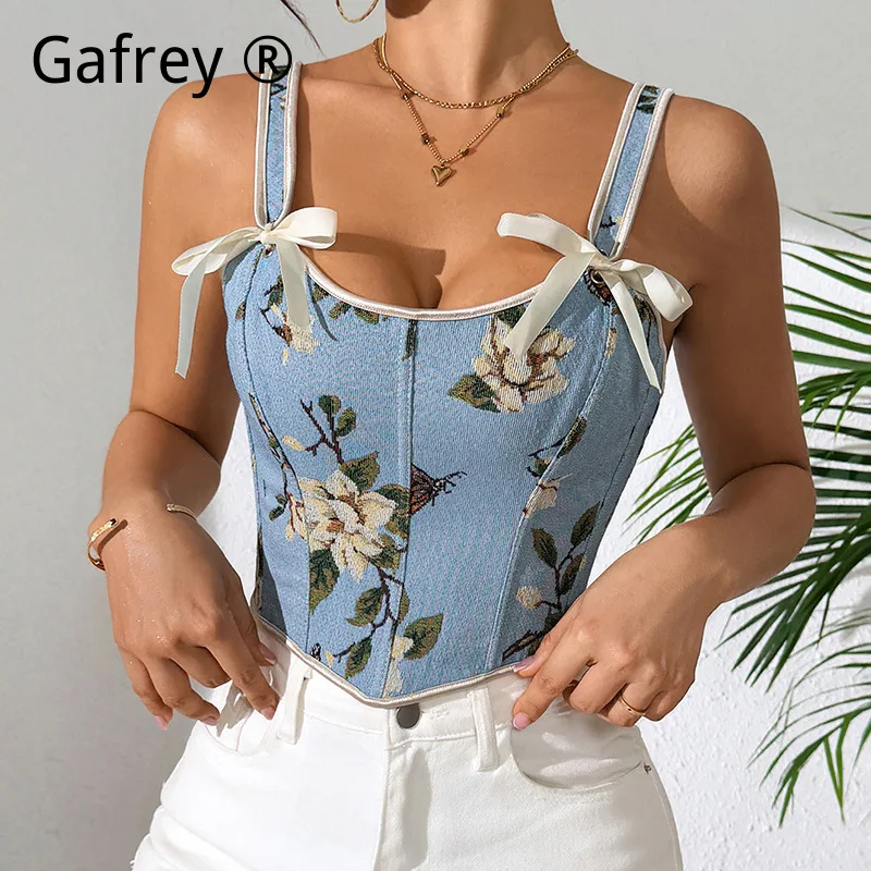 2026 New French Floral Printed Bow Tie Lace Up Corset Cami Top Sexy Slim Fit Bustier Crop Top Push Up