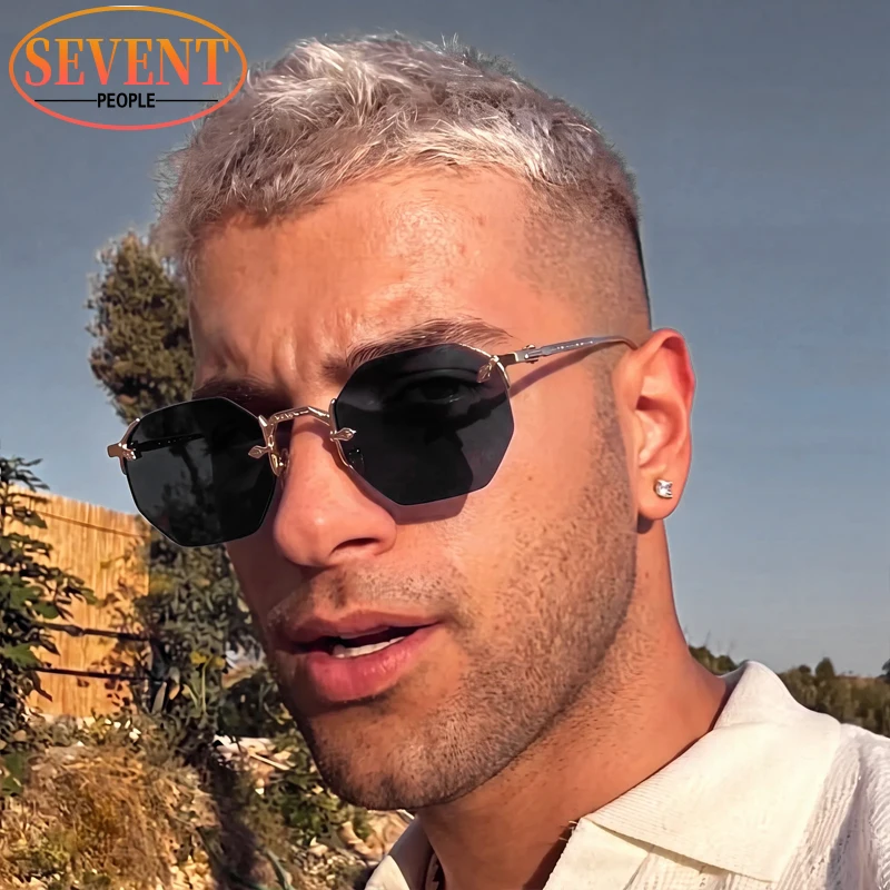 Retro Rimless Octagon Punk Sunglasses Men 2026 Luxury Brand Vintage Metal Polygon Driving Sun Glasses For Male UV400 Retro Shade