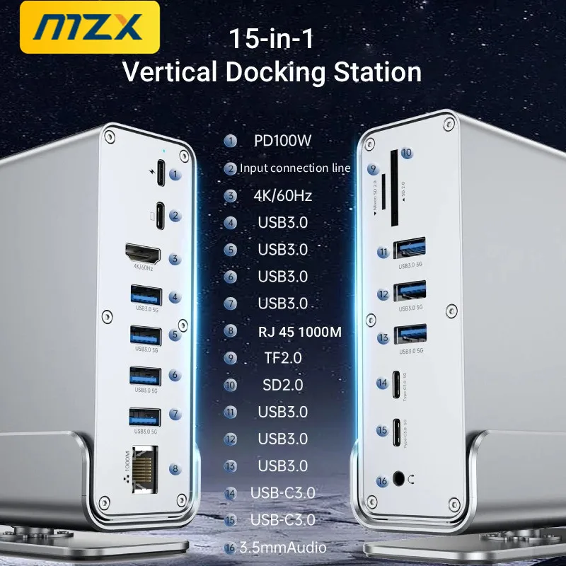 MZX 15 in 1 USB-C Docking Station Type-C 4K 60Hz HUB Aluminum Extension Concentrator HDTV PD 100W USB C 3.0 SD 1000M Laptop Dock