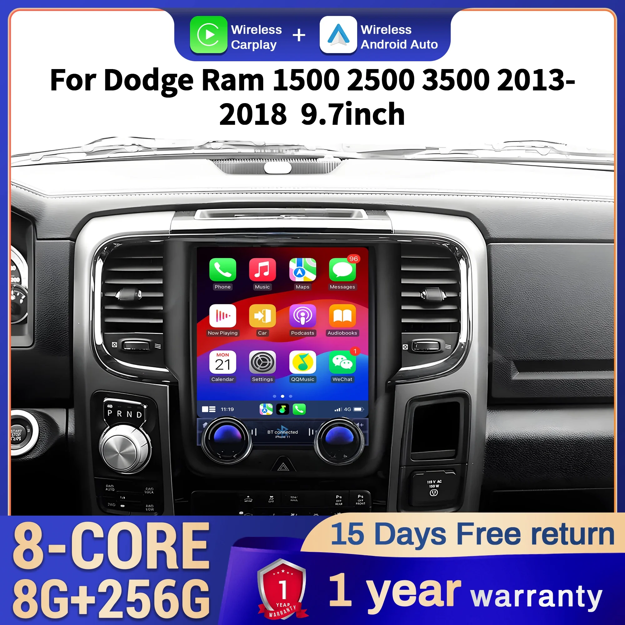 

9.7 inch Car Radio For Dodge Ram 1500 2500 3500 2013-2018 4G GPS Head Unit Wireless Bluetooth CarPlay Touch Screen Stereo System